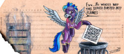 Size: 1371x600 | Tagged: safe, artist:sa1ntmax, derpibooru import, oc, oc only, oc:whirlwind flux, pegasus, pony, punch card, qr code, server, shadowbolts, solo, tongue, tongue out, trash can