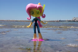 Size: 4608x3072 | Tagged: safe, artist:dingopatagonico, derpibooru import, fluttershy, better together, equestria girls, beach, building, doll, equestria girls minis, irl, irl photo, photo, ponytail, scuba gear, shore, sky, toy, water