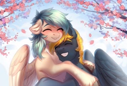 Size: 3800x2600 | Tagged: safe, artist:fenwaru, derpibooru import, oc, oc only, oc:osteen, oc:peacher, pegasus, pony, blushing, chest fluff, ear fluff, ears, eyes closed, forest background, hug, leaves, love, pegasus oc, smiling, spread wings, teeth, unshorn fetlocks, wings