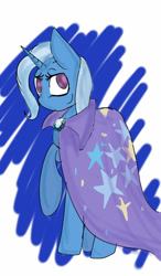 Size: 750x1280 | Tagged: safe, artist:midnight-wisp-pone, derpibooru import, trixie, pony, unicorn, 2014, blue background, cape, clothes, female, horn, looking at you, raised hoof, raised leg, simple background, solo, trixie's cape