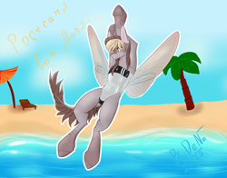 Size: 3268x2560 | Tagged: safe, artist:bydena, derpibooru import, oc, oc only, pegasus, pony, armpits, beach, clothes, fairy wings, female, gift art, golden eyes, gris swimsuit, insect wings, one-piece swimsuit, see-through, simple background, solo, spread wings, swimsuit, wings