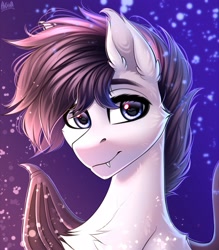Size: 2500x2850 | Tagged: safe, artist:hakaina, derpibooru import, oc, oc only, oc:mythic horizon, bat pony, pony, bat wings, bust, cheek fluff, chest fluff, commission, cute, cute little fangs, ear fluff, ears, fangs, looking at you, male, solo, stallion, wings, ych result