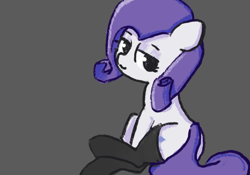 Size: 2388x1668 | Tagged: safe, artist:solid shrimp, derpibooru import, rarity, female, gray background, looking at you, mare, missing horn, simple background, sitting, socks, solo