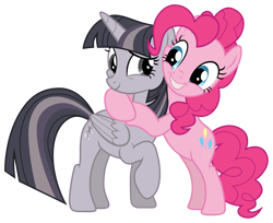 Size: 2437x1988 | Tagged: safe, anonymous artist, artist:sonofaskywalker, derpibooru import, edit, pinkie pie, twilight sparkle, twilight sparkle (alicorn), alicorn, earth pony, pony, the summer sun setback, bipedal, blue eyes, cheering up, cute, diapinkes, discorded, discorded twilight, duo, duo female, female, folded wings, friends, grin, high res, hooves, horn, hug, looking at each other, looking at someone, mare, pink mane, pink tail, raised eyebrow, raised hoof, raised leg, simple background, smiling, squishy cheeks, standing, tail, transparent background, twiabetes, vector, wings