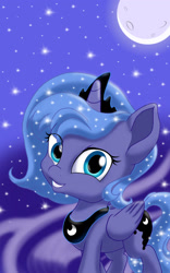 Size: 1280x2048 | Tagged: safe, artist:sunnystarscout, derpibooru import, princess luna, alicorn, pony, ethereal mane, female, filly, foal, jewelry, looking at you, moon, night, regalia, smiling, solo, starry mane, stars, woona, younger