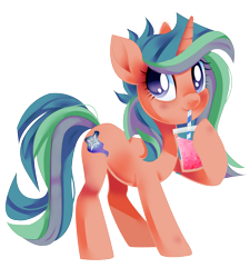 Size: 1687x1875 | Tagged: safe, artist:irusumau, derpibooru import, oc, oc only, oc:shooting sparkle, pony, unicorn, commission, commissioner:shootingstarsentry, drinking straw, female, full body, hoof hold, hooves, horn, looking at you, mare, multicolored mane, multicolored tail, simple background, sipping, solo, standing, tail, transparent background, unicorn oc