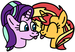 Size: 860x600 | Tagged: safe, artist:jadeharmony, derpibooru import, starlight glimmer, sunset shimmer, pony, unicorn, :p, bust, cute, duo, eyes closed, female, glimmerbetes, lesbian, mare, shimmerbetes, simple background, tongue, tongue out, transparent background
