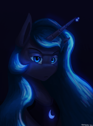 Size: 1000x1346 | Tagged: safe, artist:trotski432, derpibooru import, princess luna, alicorn, pony, abstract background, annoyed, bust, ear, female, glowing mane, horn, magic, mare, peytral, portrait, simple background, stars