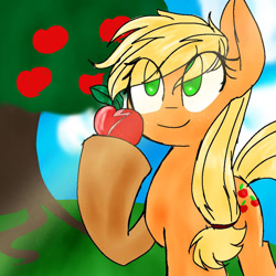 Size: 920x920 | Tagged: safe, artist:midnight-wisp-pone, derpibooru import, applejack, earth pony, pony, 2015, apple, apple tree, cute, female, food, jackabetes, tree