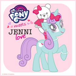 Size: 280x280 | Tagged: safe, derpibooru import, oc, oc only, oc:jenni, pony, unicorn, collaboration, g4, bow, bracelet, green coat, hair bow, jenni love, jewelry, logo, necklace, pearl necklace, plushie, purple eyes, purple hair, solo, teddy bear