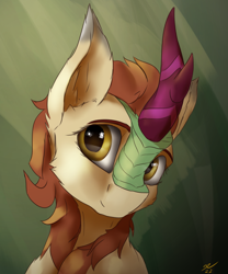 Size: 1800x2160 | Tagged: safe, artist:tenebrisnoctus, derpibooru import, autumn blaze, kirin, bust, female, mare, portrait, signature, simple background, smiling, solo