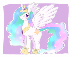 Size: 2290x1822 | Tagged: safe, artist:leo19969525, derpibooru import, princess celestia, alicorn, pony, blushing, crown, cute, cutelestia, female, hair over one eye, jewelry, looking back, looking to side, looking to the right, mare, regalia, smiling, solo, spread wings, white outline, wings