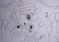 Size: 3180x2248 | Tagged: safe, artist:guruyunus17, derpibooru import, oc, oc only, oc:annisa trihapsari, earth pony, pony, balloon, birthday, birthday cake, cake, female, food, hat, heart, indonesia, looking at you, mare, one eye closed, open mouth, party hat, solo, traditional art