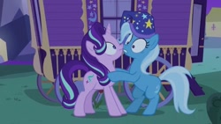 Size: 640x360 | Tagged: safe, derpibooru import, screencap, starlight glimmer, trixie, pony, unicorn, to where and back again, female, mare, night, nose to nose, trixie's wagon, wagon