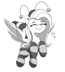 Size: 3099x3418 | Tagged: safe, artist:pabbley, derpibooru import, fluttershy, pegasus, pony, animal costume, bee costume, black and white, clothes, costume, cute, eyes closed, female, floating heart, flutterbee, flying, grayscale, heart, high res, mare, monochrome, shyabetes, simple background, smiling, socks, solo, spread wings, stockings, striped socks, thigh highs, white background, wings