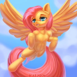 Size: 2000x2000 | Tagged: safe, artist:falses, derpibooru import, fluttershy, pegasus, semi-anthro, adorasexy, cloud, cute, daaaaaaaaaaaw, digital art, eyes open, fangs, female, high res, legs, mare, open mouth, sexy, shading, shyabetes, simple background, sky, solo, spread wings, thighs, wings