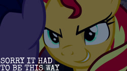 Size: 1280x720 | Tagged: safe, derpibooru import, edit, edited screencap, editor:quoterific, screencap, sunset shimmer, twilight sparkle, twilight sparkle (alicorn), alicorn, pony, unicorn, equestria girls, equestria girls (movie), female, mare, smiling