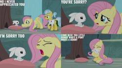 Size: 1280x720 | Tagged: safe, derpibooru import, edit, edited screencap, editor:quoterific, screencap, angel bunny, doctor fauna, fluttershy, earth pony, pegasus, pony, rabbit, season 9, she talks to angel, animal, apology, body swap, ears, eyes closed, female, floppy ears, male, mare, open mouth, smiling