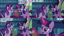 Size: 1280x720 | Tagged: safe, derpibooru import, edit, edited screencap, editor:quoterific, screencap, starlight glimmer, twilight sparkle, twilight sparkle (alicorn), alicorn, pony, unicorn, every little thing she does, season 6, clipboard, female, library, magic, mare, open mouth, open smile, smiling, telekinesis, twilight's castle, twilight's castle library