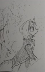 Size: 1290x2048 | Tagged: safe, artist:pony quarantine, derpibooru import, oc, oc only, pony, unicorn, clothes, coat, female, grayscale, mare, monochrome, pencil drawing, sketch, snow, solo, traditional art