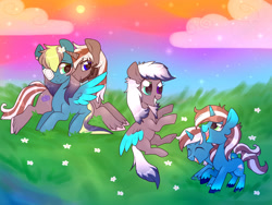 Size: 2592x1944 | Tagged: safe, artist:kaikururu, derpibooru import, oc, oc only, pegasus, pony, unicorn, colored wings, eyepatch, eyes closed, grass, grin, horn, outdoors, pegasus oc, smiling, two toned wings, unicorn oc, unshorn fetlocks, wings