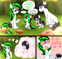 Size: 1362x1296 | Tagged: safe, artist:kaikururu, derpibooru import, oc, oc only, earth pony, pony, bust, colt, cute, daydream, dialogue, earth pony oc, female, filly, foal, heart eyes, heterochromia, hoof hold, male, mare, mushroom, ocbetes, outdoors, rule 63, smiling, stallion, thinking, thought bubble, wingding eyes