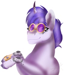 Size: 1256x1469 | Tagged: safe, artist:teonnakatztkgs, derpibooru import, oc, oc only, pony, unicorn, female, horn, mare, simple background, smiling, solo, sunglasses, unicorn oc, white background