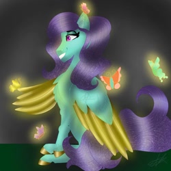 Size: 1500x1500 | Tagged: safe, artist:teonnakatztkgs, derpibooru import, oc, oc only, butterfly, pegasus, pony, chest fluff, colored wings, ethereal mane, grin, hoof polish, pegasus oc, smiling, solo, starry mane, two toned wings, wings