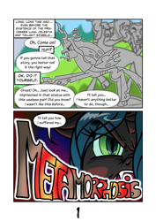 Size: 2481x3508 | Tagged: safe, artist:memprices, derpibooru import, cozy glow, lord tirek, queen chrysalis, centaur, changeling, changeling queen, pegasus, taur, comic:metamorphosis, comic, eye clipping through hair, female, high res, narration, speech bubble, statue