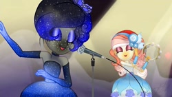 Size: 1280x720 | Tagged: safe, artist:teonnakatztkgs, derpibooru import, edit, edited screencap, screencap, oc, oc only, equestria girls, clothes, dress, duo, ethereal mane, evening gloves, eyelashes, female, gloves, long gloves, makeup, microphone, singing, starry mane