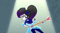 Size: 1280x720 | Tagged: safe, artist:teonnakatztkgs, derpibooru import, edit, edited screencap, screencap, oc, oc only, equestria girls, base used, clothes, electric guitar, female, guitar, musical instrument, smiling, solo