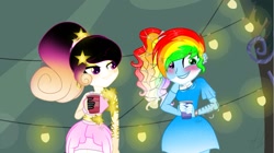 Size: 1437x807 | Tagged: safe, artist:teonnakatztkgs, derpibooru import, edit, edited screencap, screencap, oc, oc only, equestria girls, legend of everfree, base, base used, duo, multicolored hair, rainbow hair, smiling, smirk