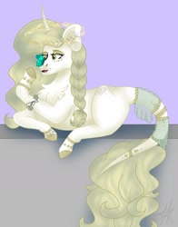 Size: 1119x1427 | Tagged: safe, artist:teonnakatztkgs, derpibooru import, oc, oc only, butterfly, pony, unicorn, female, horn, lying down, mare, prone, solo, unicorn oc