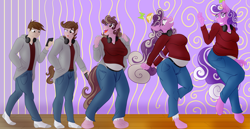 Size: 4853x2500 | Tagged: safe, artist:sixes&sevens, derpibooru import, screwball, anthro, human, unguligrade anthro, cellphone, clothes, grin, hat, headphones, human to anthro, jacket, jeans, looking at you, male to female, pants, phone, propeller hat, rule 63, smiling, solo, species swap, sweater, transformation, transformation sequence, transgender transformation, waving