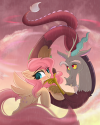 Size: 2875x3600 | Tagged: safe, artist:janelearts, derpibooru import, discord, fluttershy, draconequus, pegasus, pony, discoshy, duo, eye clipping through hair, eyebrows, eyebrows visible through hair, female, heart eyes, high res, male, mare, rain, shipping, smiling, spread wings, straight, wingding eyes, wings