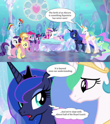Size: 1280x1440 | Tagged: safe, derpibooru import, edit, edited screencap, screencap, applejack, fluttershy, pinkie pie, princess cadance, princess celestia, princess flurry heart, princess luna, rainbow dash, rarity, shining armor, twilight sparkle, twilight sparkle (alicorn), alicorn, earth pony, pegasus, pony, unicorn, season 6, the crystalling, applejack's hat, butt, clothes, cowboy hat, crown, dialogue, ethereal mane, eye contact, eyelashes, eyes closed, female, flying, folded wings, frown, hat, hoof shoes, hooves, horn, implied guardlestia, implied guardluna, implied sex, jewelry, looking at each other, looking at someone, male, mane six, mare, misspelling, multicolored mane, multicolored tail, open mouth, peytral, purple eyes, raised hoof, raised leg, regalia, royal sisters, shadow, siblings, sisters, smiling, speech bubble, spread wings, stallion, standing, tail, teal eyes, thought bubble, twibutt, wall of tags, wings