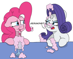 Size: 1918x1554 | Tagged: safe, artist:pony-thunder, derpibooru import, pinkie pie, rarity, earth pony, pony, unicorn, blue eyes, comic, dialogue, duo, duo female, ears back, eye contact, female, german, hooves, horn, looking at each other, looking at someone, mare, milkshake, open mouth, pink mane, simple background, white background