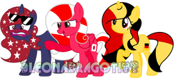 Size: 1600x715 | Tagged: safe, artist:jxst-bleo, derpibooru import, oc, oc only, pegasus, pony, unicorn, eyelashes, female, folded wings, germany, hooves, horn, japan, mare, multicolored mane, multicolored tail, nation ponies, open mouth, open smile, pegasus oc, ponified, raised hoof, raised leg, show accurate, shrunken pupils, simple background, smiling, standing, sunglasses, tail, transparent background, trio, two toned mane, two toned tail, unicorn oc, united states, watermark, wings