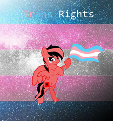 Size: 800x861 | Tagged: safe, artist:jxst-bleo, derpibooru import, oc, oc only, pegasus, pony, albania, bipedal, flag, hoof hold, nation ponies, pegasus oc, ponified, pride, pride flag, smiling, solo, tail, transgender pride flag, two toned mane, two toned tail, wings