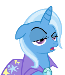 Size: 767x885 | Tagged: safe, artist:naturajellyfish, derpibooru exclusive, derpibooru import, trixie, pony, unicorn, boast busters, cape, clothes, ears, female, floppy ears, frown, gem, horn, lidded eyes, mare, open mouth, simple background, solo, stars, transparent background, trixie is not amused, trixie's cape, unamused