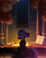 Size: 2300x2900 | Tagged: safe, artist:shido-tara, derpibooru import, oc, oc only, pony, unicorn, book, clothes, commission, desk, female, frown, green eyes, high res, horn, looking at you, looking back, looking back at you, magic book, mare, mouth hold, pencil, rear view, scroll, sitting, solo, stone wall, unicorn oc