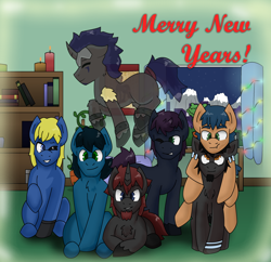 Size: 1280x1237 | Tagged: safe, artist:brushwork, derpibooru import, oc, oc only, oc:aerocuff, oc:bowline, oc:brushwork, oc:cloudcover, oc:ferrite, oc:rowlock, oc:tenere, earth pony, pegasus, pony, unicorn, group photo, holiday special, photo