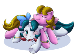 Size: 1500x1104 | Tagged: safe, artist:shini-smurf, derpibooru import, gusty, shady, earth pony, pony, unicorn, g1, :p, blushing, commission, commissioner upload, cuddle puddle, cuddling, cute, darkwind, duo, eyes closed, female, g1 shadybetes, gustybetes, horn, horn licking, hornjob, jewelry, lesbian, licking, mare, marriage, one eye closed, pony pile, ring, shipping, smiling, tongue, tongue out, unicorn horn, wedding, wedding ring, wink