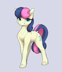 Size: 2808x3266 | Tagged: safe, artist:aquaticvibes, derpibooru import, bon bon, sweetie drops, earth pony, pony, blue eyes, eyelashes, female, full body, gray background, high res, hooves, mare, simple background, smiling, solo, standing, tail, three quarter view, two toned mane, two toned tail