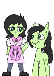 Size: 1000x1414 | Tagged: safe, alternate version, artist:happy harvey, derpibooru import, edit, oc, oc only, oc:anon filly, earth pony, human, pony, equestria girls, bow, clothes, colored pupils, drawn on phone, dress, ear fluff, ears, female, filly, foal, humanized, looking at each other, looking at someone, looking down, looking sideways, looking up, pink dress, shoes, simple background, smiling, stockings, thigh highs, transparent background, unamused