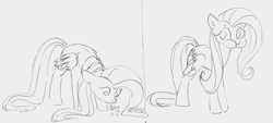 Size: 1413x636 | Tagged: safe, artist:dotkwa, derpibooru import, fluttershy, bird, pegasus, pony, black and white, chick, eating, food, gray background, grayscale, horses doing horse things, meat, monochrome, out of character, ponies eating meat, puffy cheeks, simple background, sketch, solo