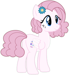Size: 1056x1136 | Tagged: safe, artist:camomiie, derpibooru import, oc, oc only, oc:sugar puff, pegasus, pony, base used, blue eyes, butt, coat markings, colored wings, colored wingtips, eyelashes, female, flower, flower in hair, folded wings, full body, hooves, magical lesbian spawn, mare, offspring, parent:fluttershy, parent:pinkie pie, parents:flutterpie, pegasus oc, plot, show accurate, simple background, smiling, solo, standing, tail, transparent background, wings