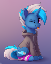 Size: 1500x1900 | Tagged: safe, artist:luminousdazzle, derpibooru import, oc, oc only, oc:silver comet, pony, unicorn, :p, clothes, ear fluff, ears, full body, gradient background, hoodie, hooves, horn, leg warmers, magenta eyes, male, one eye closed, signature, sitting, smiling, solo, stallion, tail, three quarter view, tongue, tongue out, two toned mane, two toned tail, unicorn oc, wink