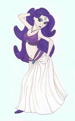 Size: 369x600 | Tagged: safe, artist:musicalfan2021, derpibooru import, rarity, human, belly dancer, belly dancer outfit, blue background, breasts, cleavage, clothes, female, humanized, jewelry, looking at you, necklace, simple background, solo