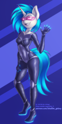 Size: 600x1200 | Tagged: safe, artist:shad0w-galaxy, derpibooru import, dj pon-3, vinyl scratch, anthro, plantigrade anthro, unicorn, belly button, bodysuit, breasts, clothes, female, hand on hip, horn, mare, neon, patreon, simple background, smiling, solo, thighs, tight clothing, visor, waving